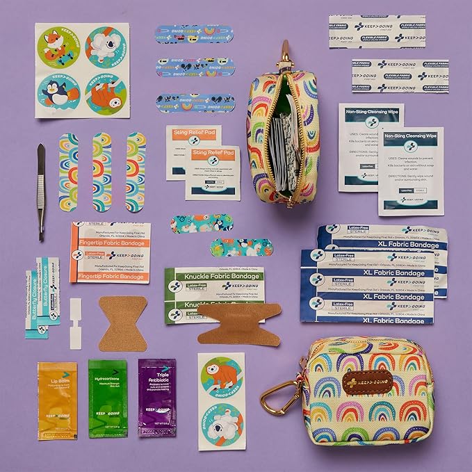 KeepGoing Small Travel First Aid Kit Kids – 60 Pc. Mini First Aid Kit for Purse, Diaper Bag, & Backpack with Latex-Free Bandages – 4 Oz., & 4.5 x 3.5 x 2 in, TSA-Approved-CubbioJoy