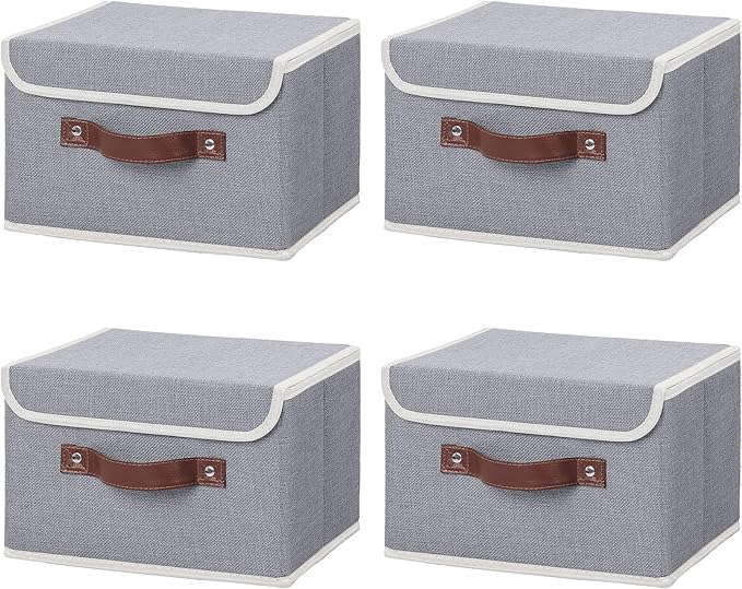 ANMINY 4PCS Storage Bins with Lid PU Leather Handles Storage Boxes PP Plastic Board Decorative Foldable Lidded Cotton Linen Fabric Home Cubes Baskets Closet Organizer Containers - Gray, Small Size-CubbioJoy