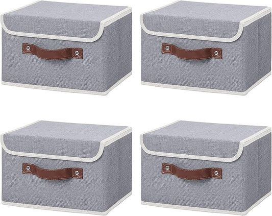 ANMINY 4PCS Storage Bins with Lid PU Leather Handles Storage Boxes PP Plastic Board Decorative Foldable Lidded Cotton Linen Fabric Home Cubes Baskets Closet Organizer Containers - Gray, Small Size-CubbioJoy