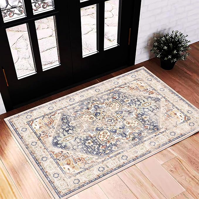 2'x3' Blue Khaki Area Rug Washable Door Mat Vintage Distressed Doormat Indoor Entrance Traditional Thin Floral Print Non Slip Carpet for Kitchen Bathroom Bedroom Living Room-CubbioJoy
