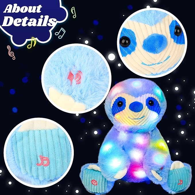 Cuteoy Light-up Singing Plush Blue Sloth LED Musical Stuffed Animal Adjustable Volume Lullaby Plushies Birthday Christmas Toy Gifts for Kids Toddler Girls, 13"-CubbioJoy