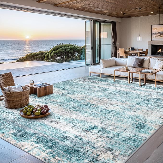 Area Rugs 10x12 Living Room - Washable Rug Modern Abstract Soft Large Neutral Non-Slip Carpet Indoor Floor Thin Carpets for Bedroom Dining Room Farmhouse Nursery Home Office Green-CubbioJoy