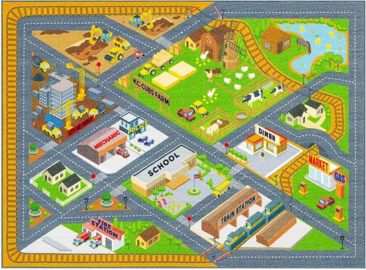 KC Cubs 3x5 Country Farm Construction Car Road Street Rug – Educational Carpet Play Mat for Kids, Toddlers, Nursery, Classroom, Playroom, Baby Daycare-CubbioJoy