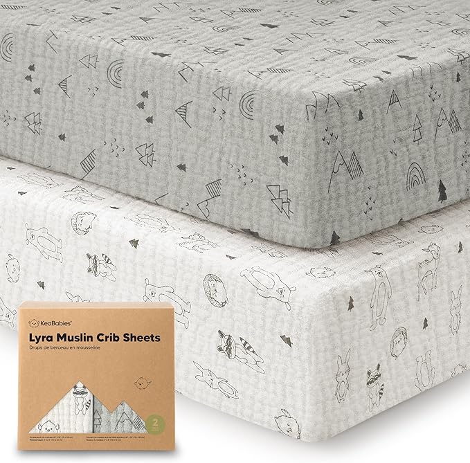 KeaBabies 2-Pack Muslin Crib Sheets for Boys, Girls - 100% Organic Cotton Fitted Baby Crib Mattress Sheet, Soft Breathable Standard Toddler Bed Cover Bedding Set, Neutral, Durable 52x28 (Woodland)-CubbioJoy