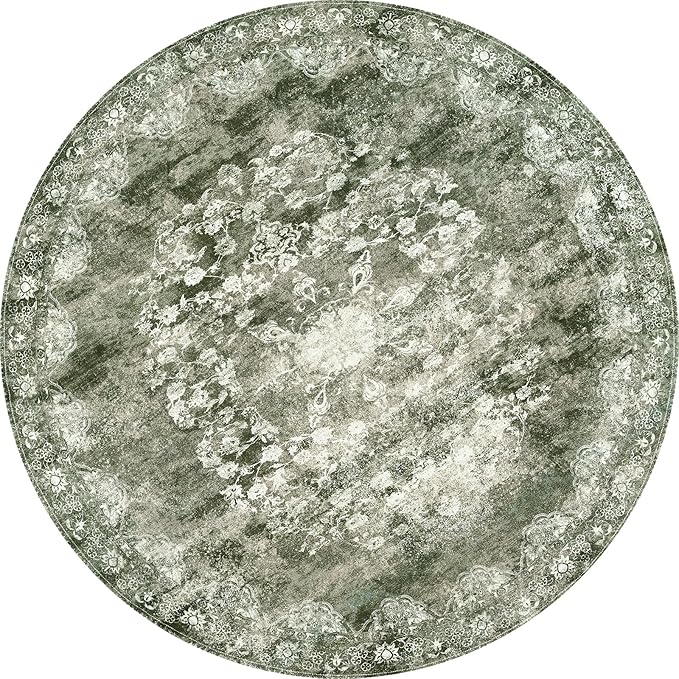 jinchan Round Rug 7ft Area Rug - Green Vintage Floor Mat Kitchen Indoor - Washable Circle 7' Thin Floral Print Carpet Retro Farmhouse Non Slip Dining Room Living Room Bedroom Office-CubbioJoy