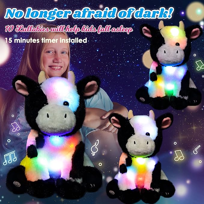 Cuteoy Light-up Singing Plush Cow LED Musical Stuffed Animal Adjustable Volume Lullaby Plushies Birthday Christmas Toy Gifts for Kids Toddler Girls, 13"-CubbioJoy