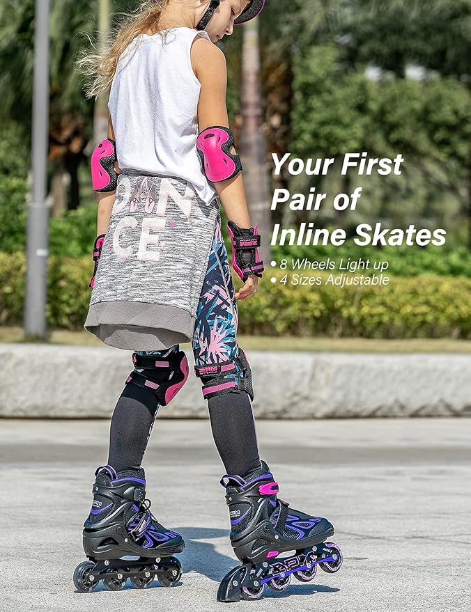 2PM SPORTS Vinal Girls Adjustable Flashing Inline Skates, All Wheels Light Up, Fun Illuminating Skates for Kids Men Adult Women and Boys-CubbioJoy