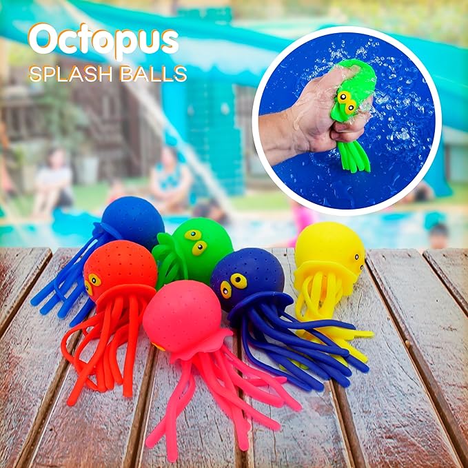 4E's Novelty Octopus Water Balls - Pack of 6 - Pool Toys for Kids Sensory Absorbent Water Splash Balls Bomb, Toddler Bath Toy, Swimming Pool Floating Swim Toys Outdoor Activity & Game-CubbioJoy