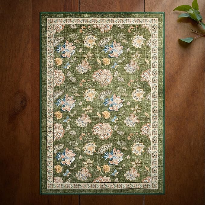 jinchan 2x3 Floral Rug for Entryway Washable Kitchen Rug Vintage Romance Design Small Mat Non Slip Indoor Doormat Lightweight Low-Profile Throw Carpet for Entrance Bathroom Laundry Room, Green-CubbioJoy