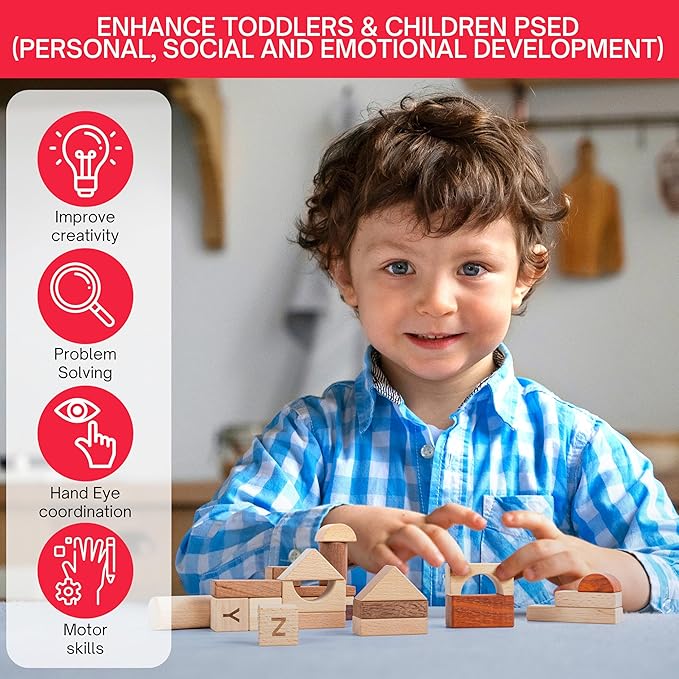 Alphabet Number Early Math Wooden Building Blocks Set - 86 Blocks in 6 Shapes with Wooden Storage Tray. Preschool Montessori Kids Toys. Stacking Learning Toys for Toddlers. Age 3 Years +-CubbioJoy