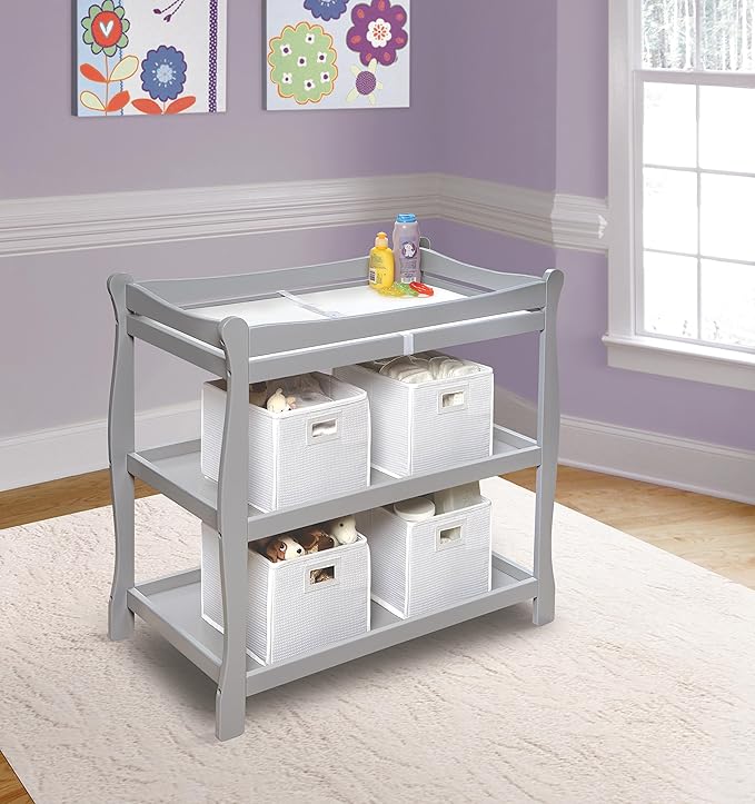 Badger Basket Sleigh Style Baby Changing Table - Nursery Diaper Station with Safety Rails, Foam Pad, and Two Storage Shelves - Nursery Organizer - Gray-CubbioJoy