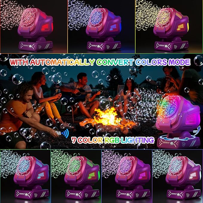 2025 Upgraded Bubble Machine with Remote Control, Automatic Rotation & RGB Lights, 1800mAh Rechargeable Battery, Type-C Charge, Bubble Maker for Kids, Weddings, Birthday Parties, Outdoor Activities-CubbioJoy