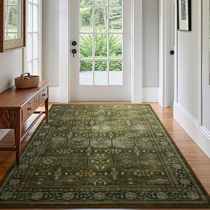 8x10 Washable Area Rug for Living Room, Non Slip Vintage Floral Print Rugs No Shedding, Distressed Thin Retro Accent Carpet for Bedroom Nursery Farmhouse Dining Room Dark Green-CubbioJoy