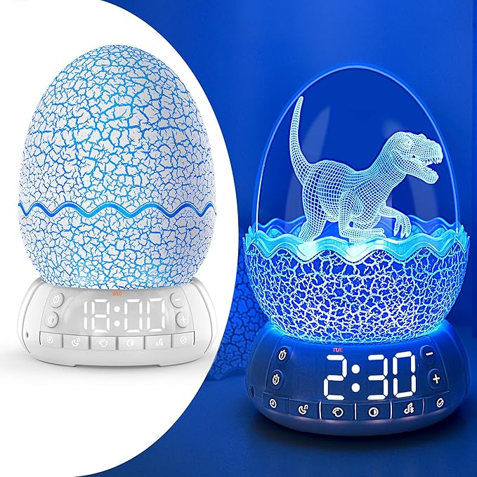 Dinosaur Alarm Clock with Wake Up Light, Digital Clock on Desk + 8 Colors Night Light + 20 Sleep Training Sound + Bluetooth Speaker All in 1 for Kids/Boys/Girls/Adult (Dinosaur)-CubbioJoy