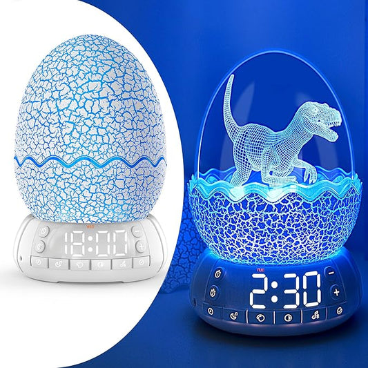 Dinosaur Alarm Clock with Wake Up Light, Digital Clock on Desk + 8 Colors Night Light + 20 Sleep Training Sound + Bluetooth Speaker All in 1 for Kids/Boys/Girls/Adult (Dinosaur)-CubbioJoy