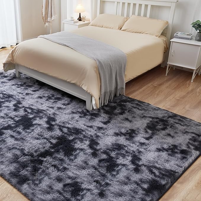 8x10 Fluffy Rugs for Living Room, Ultra Soft Plush Area Rug for Bedroom, Anti-Skid High Pile Indoor Carpet for Nursery, Kids Room, Playroom, Home Decoration, Tie-Dyed Dark Grey-CubbioJoy
