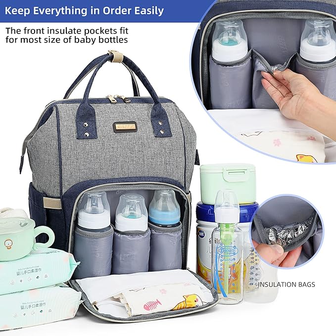 Diaper Bag Backpack, Diaper Bags for Baby Girls Boys, Baby Bags for Moms Dads, Nappy Changing Bag with Insulated Pockets,Multi-functional Waterproof Backpack with Stroller straps- Light Grey Blue-CubbioJoy