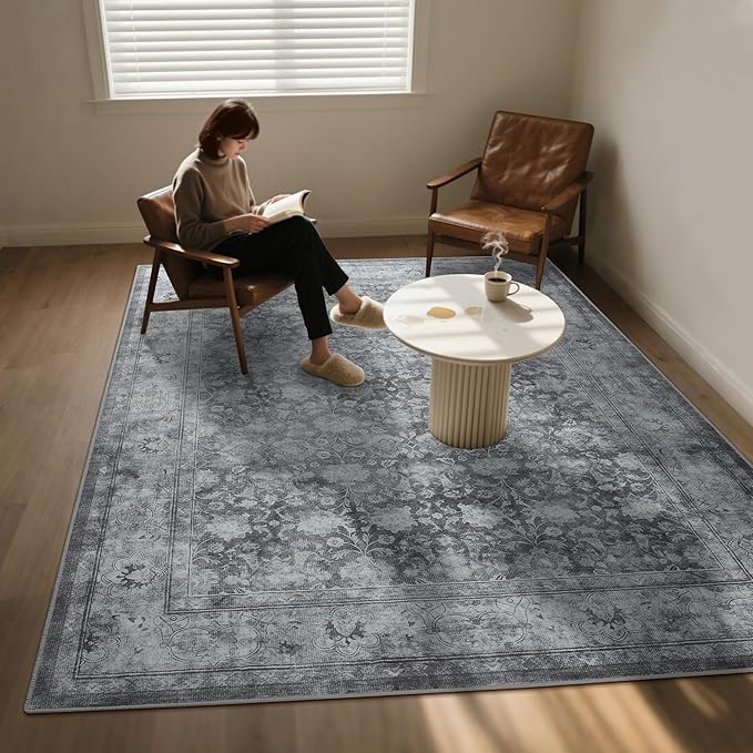 5x7 Washable Area Rug for Living Room, Non Slip Vintage Floral Rugs for Bedroom, Retro Indoor Floor Carpet for Kitchen, Dining Room, Farmhouse, Classroom (Distressed Grey)-CubbioJoy