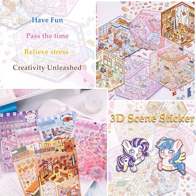 DIY 3D Sticker Scene, 6 Sets of Aesthetic Stickers for Girls Make Your Own Mini Shop Scenes Stickers for Kids Sticker Therapy for Adult Relief Stress Pass The Time-CubbioJoy