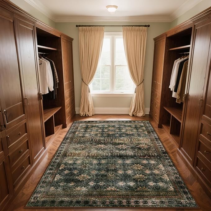 4x6 Area Rug for Bedroom Machine Washable, Non Slip Vintage Floral Kitchen Rugs for Dining Room, Rustic Indoor Floor Carpet for Kids Room, Playroom, Farmhouse(Dark Green/Brown/Multi)-CubbioJoy