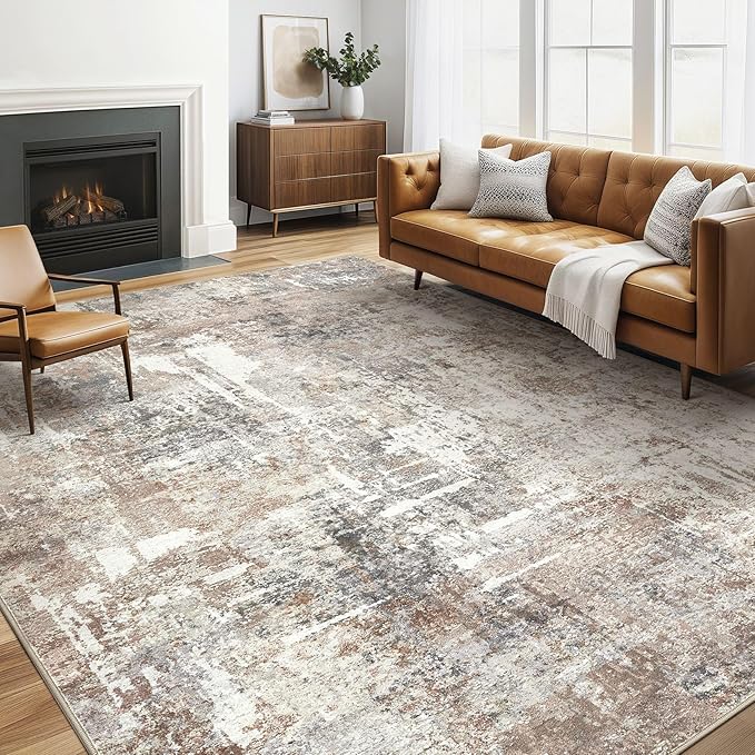 6x9 Area Rugs Washable Rug: Large Abstract Modern Soft Stain Resistant Indoor Floor Non Slip Accent Carpet for Living Room Bedroom Nursery Playroom Dining Room Office Dorm Home House Decor- Brown-CubbioJoy