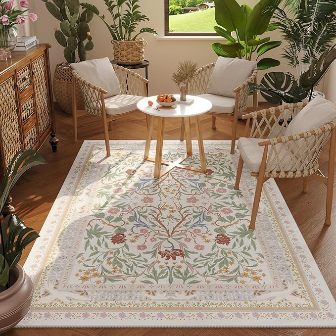 Area Rug 4x6 Rug Washable Vintage Floral Botanical Rugs Non Slip Low Pile Small Carpet for Bedroom, Bedside, Kids Room, Office, Dining Room, Beige-CubbioJoy