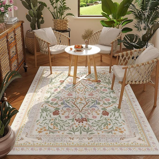 Area Rug 4x6 Rug Washable Vintage Floral Botanical Rugs Non Slip Low Pile Small Carpet for Bedroom, Bedside, Kids Room, Office, Dining Room, Beige-CubbioJoy