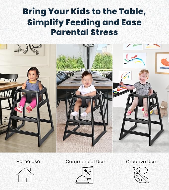 Alpine Wooden High Chairs for Babies and Toddlers with Safety Strap, Commercial Grade Restaurant High Chair, Durable Wood Space Saver Baby Feeding Chair, Ideal for Dining Spaces (2 Pack, Black)-CubbioJoy