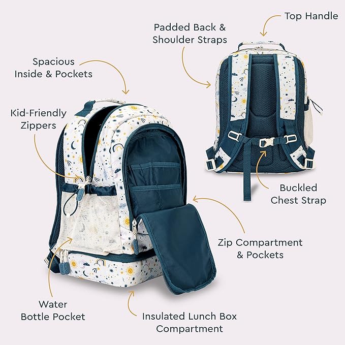 Bentgo Kids 2-in-1 Backpack & Insulated Lunch Bag - Durable 16” Backpack & Lunch Container in Unique Prints for School & Travel - Water Resistant, Padded & Large Compartments (Friendly Skies)-CubbioJoy