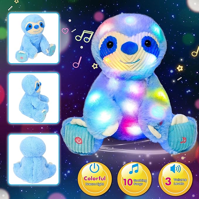 Cuteoy Light-up Singing Plush Blue Sloth LED Musical Stuffed Animal Adjustable Volume Lullaby Plushies Birthday Christmas Toy Gifts for Kids Toddler Girls, 13"-CubbioJoy