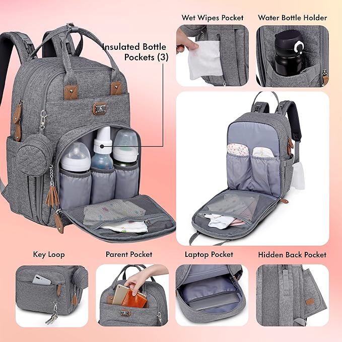 Dikaslon Diaper Bag Backpack with Portable Changing Pad, Pacifier Case and Stroller Straps, Large Unisex Baby Bags for Boys Girls, Multipurpose Travel Back Pack Moms Dads, Gray-CubbioJoy