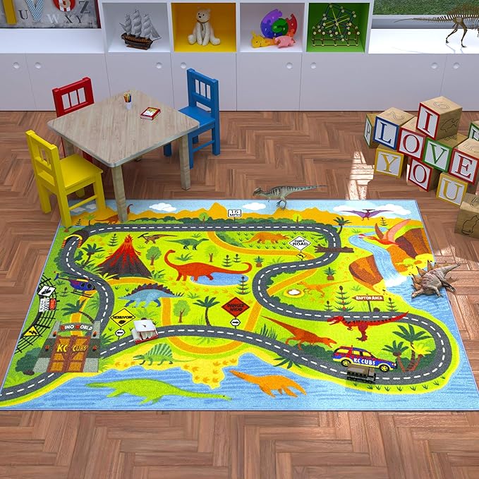 KC Cubs 8x10 Dinosaur Toy Car Dino Road Rug – Educational Play Mat Carpet for Kids, Toddlers, Nursery, Classroom, Playroom, Baby Daycare, Boys & Girls-CubbioJoy