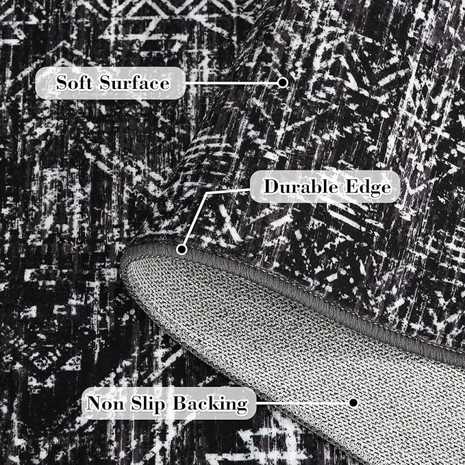 COZYLOOM Area Rug 6x9 Washable Rug for Bedroom Office Dining Room Living Room Vintage Non Slip Large Area Rug Geometric Soft Throw Low Pile Stain Resistant Carpet, Black-CubbioJoy