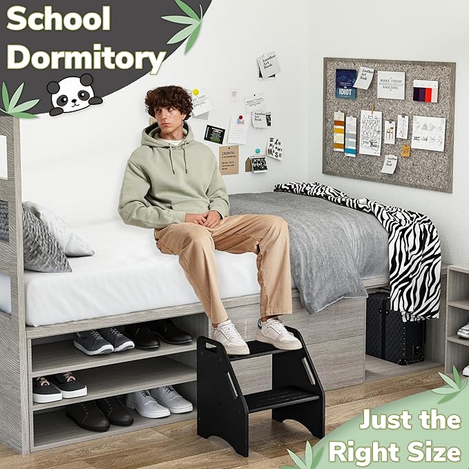 AMBIRD Wooden Step Stool, 15.75'' H Potty Training Toddler 300 lbs Capacity with Safety Non-Slip Pads and Handles, Step Stools for Kids, Bamboo 2-Step Stool for Bathroom, High Beds (Black)-CubbioJoy