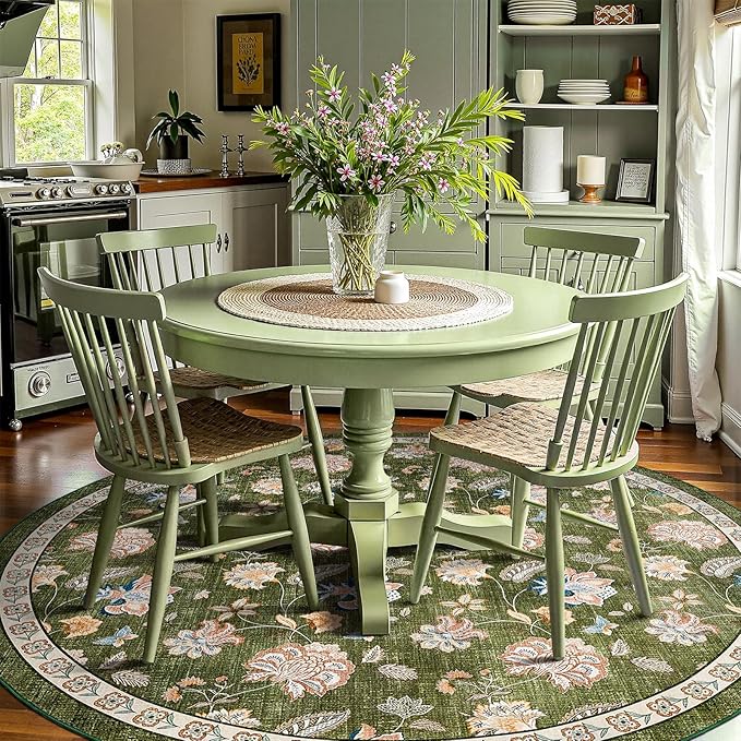 jinchan 7ft Floral Round Rug for Dining Room Washable Living Room Rug Vintage Romance Design Non Slip Indoor Floor Cover Lightweight Low-Profile Throw Carpet for Bedroom Porch Patio, Green-CubbioJoy