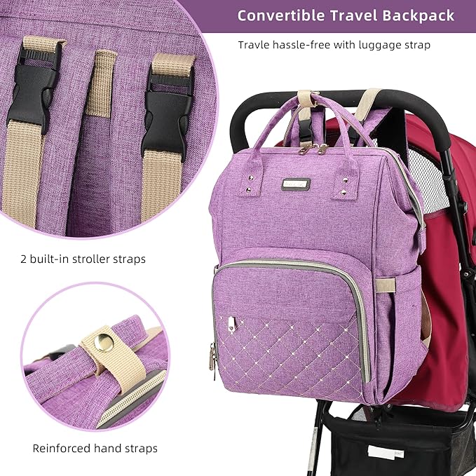 Diaper Bag Backpack, Diaper Bags for Baby Girls Boys, Baby Bags for Moms Dads, Nappy Changing Bag with Insulated Pockets,Multi-functional Waterproof Backpack with Stroller straps-Purple-CubbioJoy