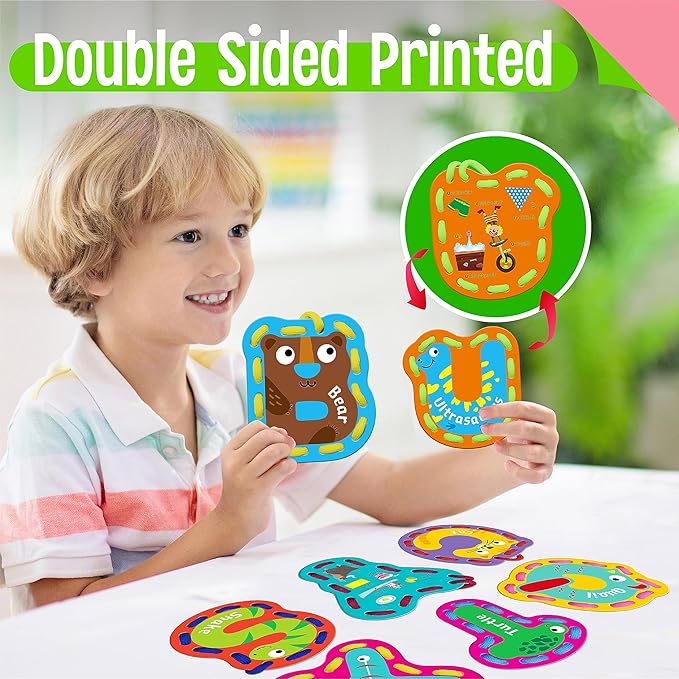 26PCS Kids Lacing Cards, 26 Double Sided Uppercase Sewing Cards with 26 Colorful Laces, Imagination Development Lacing Toys Games for Children Educational and Learning Activity-CubbioJoy