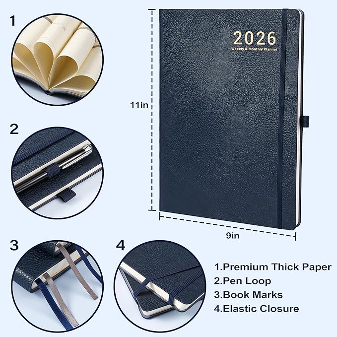 2026 Planner - Weekly and Monthly Planner 2026, JAN 2026 - DEC 2026, 8.5" x 11", Leather Cover 2026 Planners with Thick Paper, Back Pocket with Notes Pages - Blue-CubbioJoy