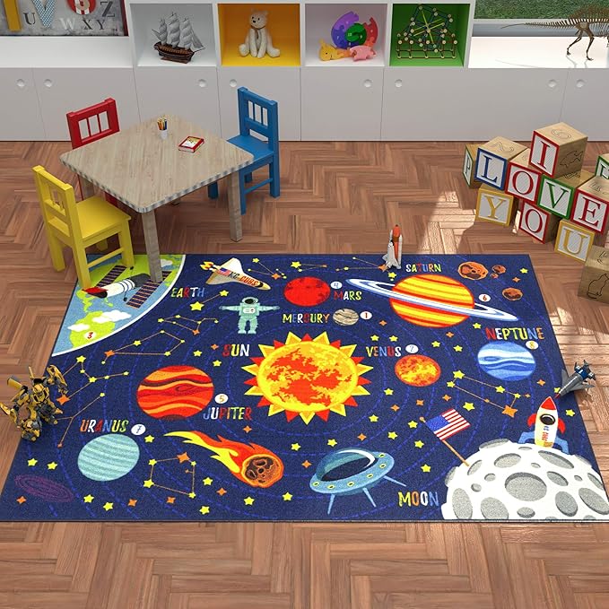 KC Cubs 8x10 Outer Space Solar System Toy Car Road Rug – Educational Play Mat Carpet for Kids, Toddlers, Nursery, Classroom, Playroom, Baby Daycare-CubbioJoy
