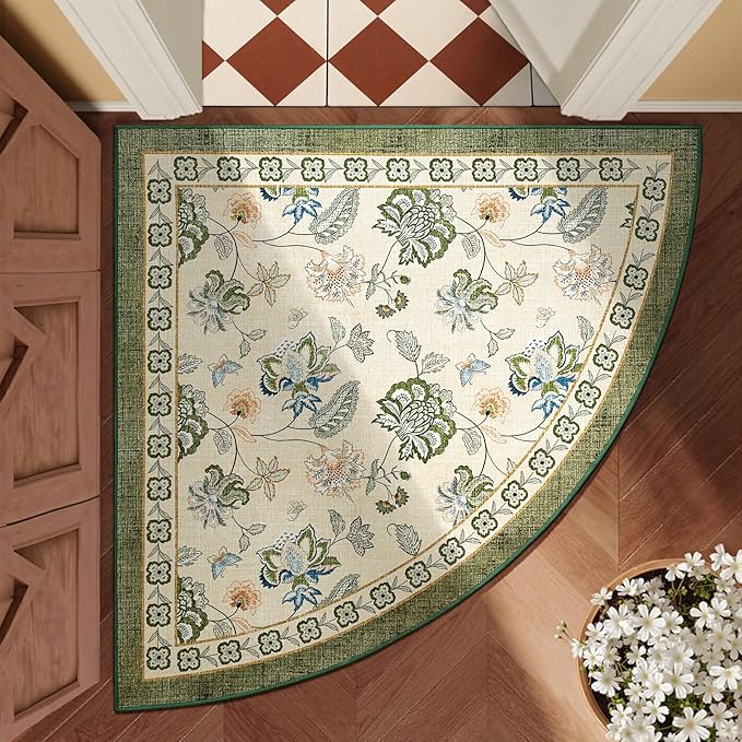 jinchan Floral Corner Rug for Entryway Washable Kitchen Rug Vintage Romance Design Non Slip Quarter Circle Lightweight Low-Pile Throw Carpet for Playroom Reading Nook Nursery, 4ft Radius, Green/Beige-CubbioJoy