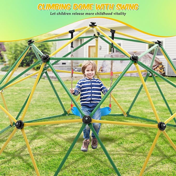 Climbing Dome, 10FT Dome Climber with Hammock & Swing for Kids 3-10, Kids Outdoor Jungle Gym Supports 1000lbs, Easy Assembly Playground Jungle Gym Backyard Play Equipment, Yellow+Green-CubbioJoy