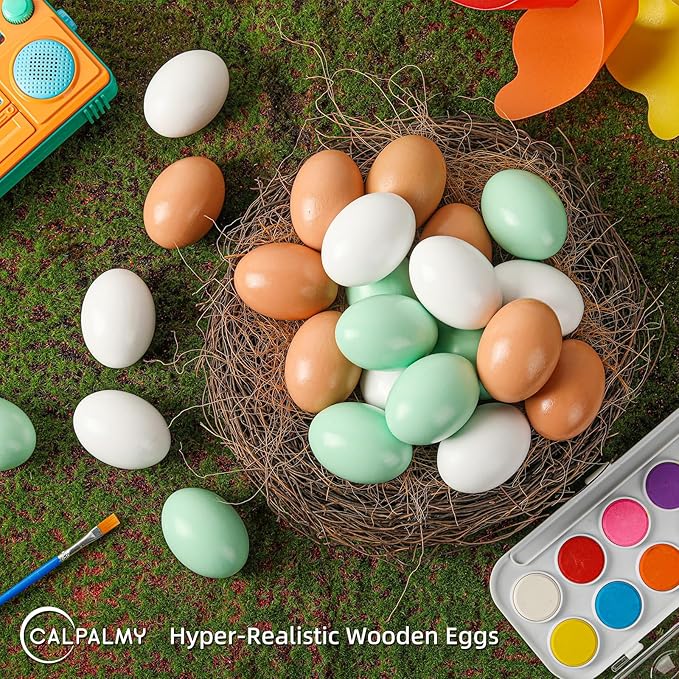 CALPALMY (24 Pieces) Hyper-Realistic Wooden Eggs - 3 Colors Wooden Fake Eggs for Easter, Painting, Decorating, Crafting, Fake Food, and Nest Box Training (8pcs Brown, 8pcs White, 8pcs Green)-CubbioJoy