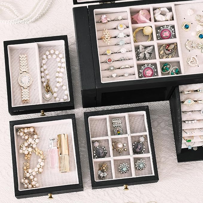 Jewelry Box Organizer, Solid Wood Jewelry Boxes for Women, Double Layer Jewelry Organizer Box Display Earring Necklace Bracelet Ring, Rustic Style Small Jewelry Box for Girls (Black)-CubbioJoy