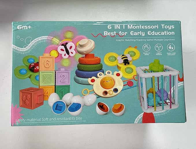 Baby Toys for 6 to 12 Months, Montessori Sensory Bins & Teething Toys, 6 in 1 Stacking Blocks, Rings, Eggs, Spinner, Crab Shape, 27 Pieces, Ages 6-36 Months-CubbioJoy