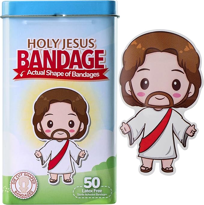 BioSwiss Bandages, Holy Jesus Shaped Self Adhesive Bandage, Latex Free Sterile Wound Care, Fun First Aid Kit Supplies for Kids and Adults, 50 Count-CubbioJoy