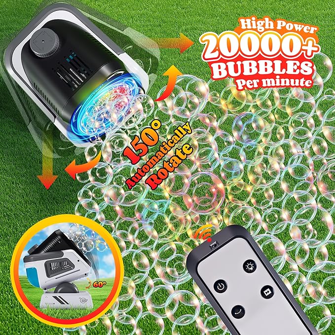 2025 Upgraded Bubble Machine with Remote Control, Automatic Rotation & RGB Lights, 1800mAh Rechargeable Battery, Type-C Charge, Bubble Maker for Kids, Weddings, Birthday Parties, Outdoor Activities-CubbioJoy