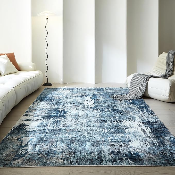 Area Rug 5x7 Washable Rug Boho Soft Abstract Pattern Non-Slip Non-Shedding Faux Wool Vintage for Living Room, Bedroom, Farmhouse, Dining Room, Indoor, Kids Playroom, Blue-CubbioJoy