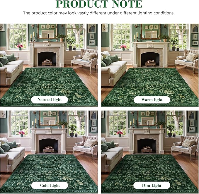 Deerly Dark Green Area Rugs 9x12 for Living Room Soft Non-Slip, Large Bedroom Rug Vintage Dining Room Rug Tribal Farmhouse Carpet for Dining Room Office Green-CubbioJoy