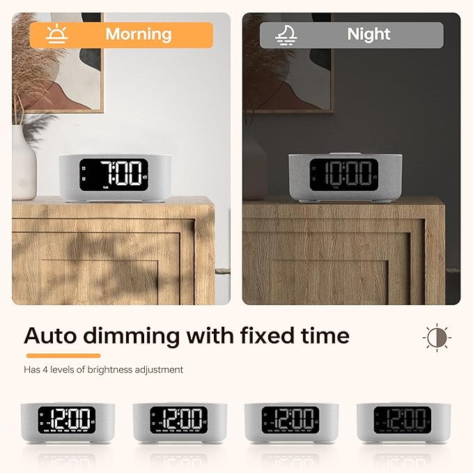JALL Fabric Alarm Clock for Bedroom, with Big Led Screen Display, Bluetooth Stereo Sound Speaker, FM Radio, Fast Wireless Charging, USB Charging Port, Nightlight, White Noise, Ideal for Gift, Gray-CubbioJoy