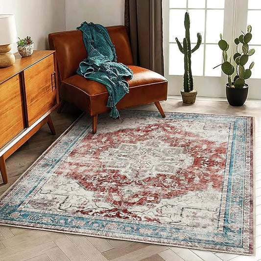 3'x5' Vintage Red Blue Washable Thin Area Rug Traditional Floor Cover Foldable Indoor Distressed Non Slip Carpet Floral Print Mat Bedroom Living Room Bathroom-CubbioJoy
